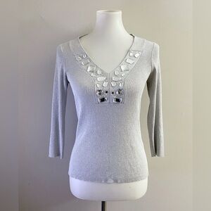 Vintage C'est City Silk Blend Jeweled Elegant Silver V-Neck Sweater